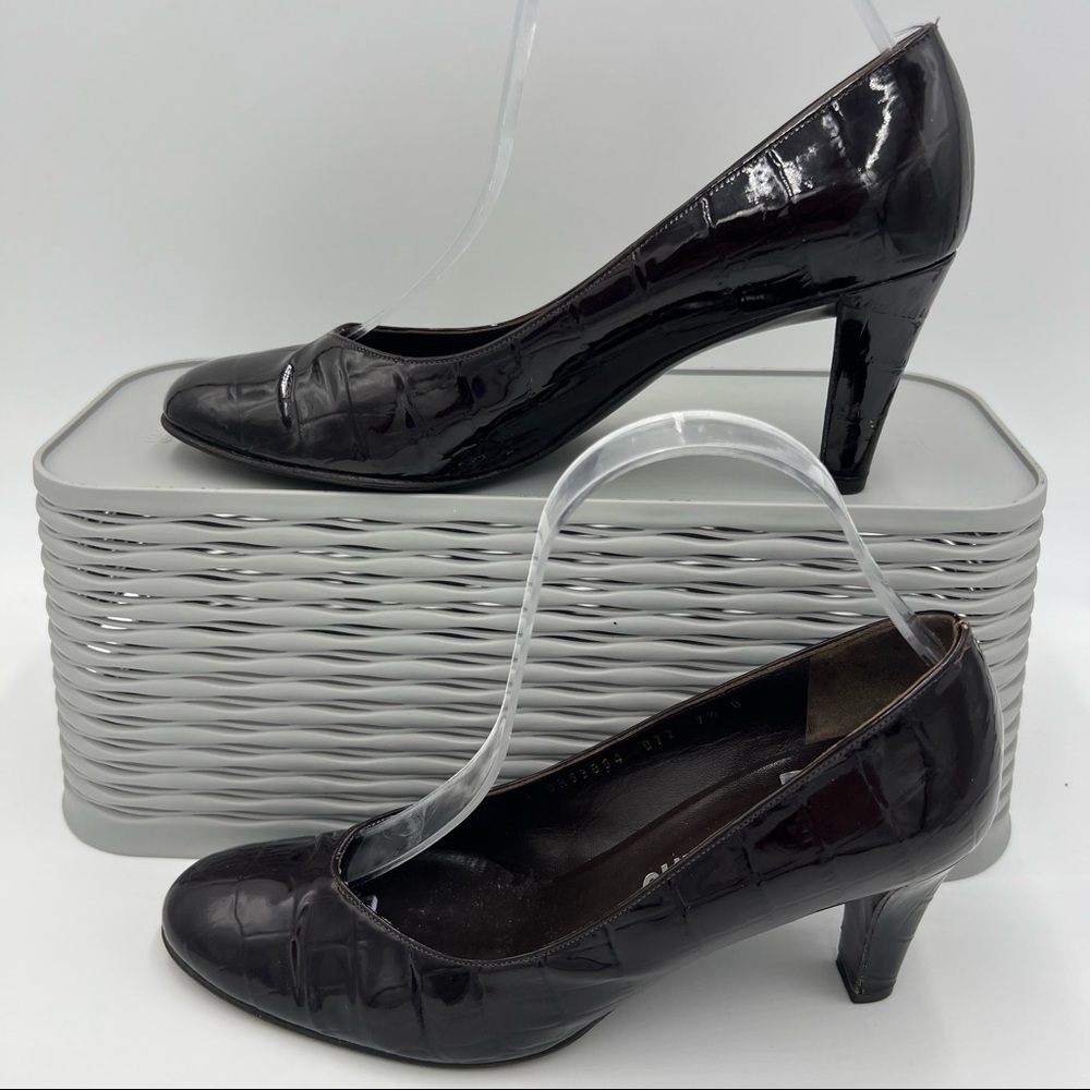 Salvatore Ferragamo Embossed Patent Leather Dark Brown Pumps